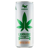 A 250ml can of Komodo - Cannabis Flavour Energy Drink, featuring a green cannabis leaf on a white background, infused with hemp extract and essential vitamins.